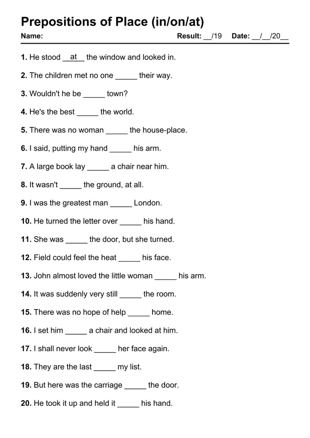 101 Prepositions Of Place PDF Worksheets With Answers Grammarism