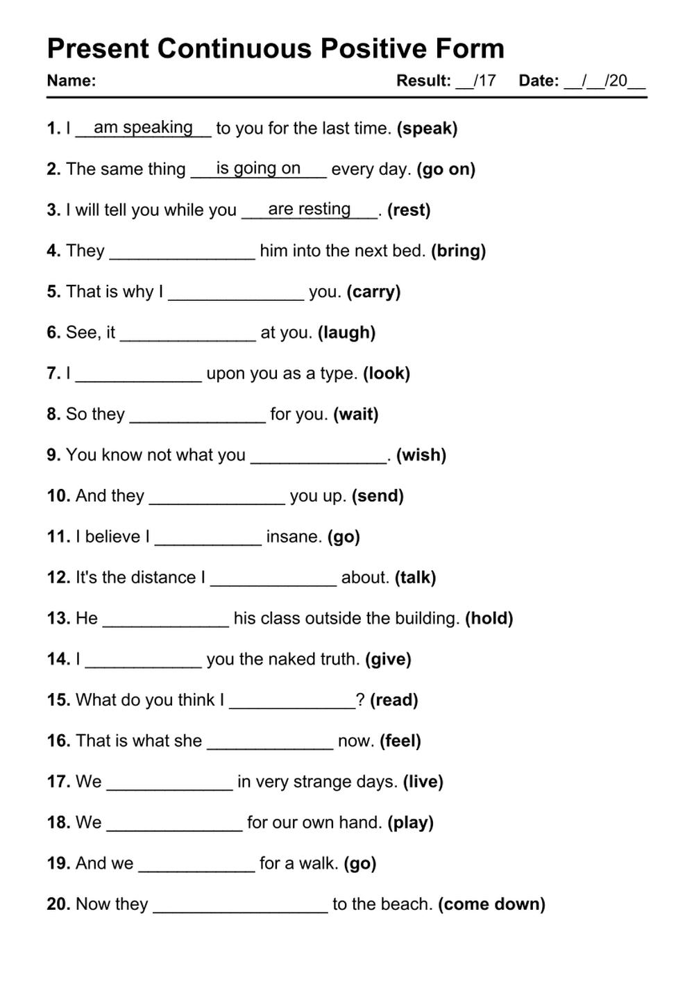 101 Present Continuous Positive PDF Worksheets With Answers Grammarism