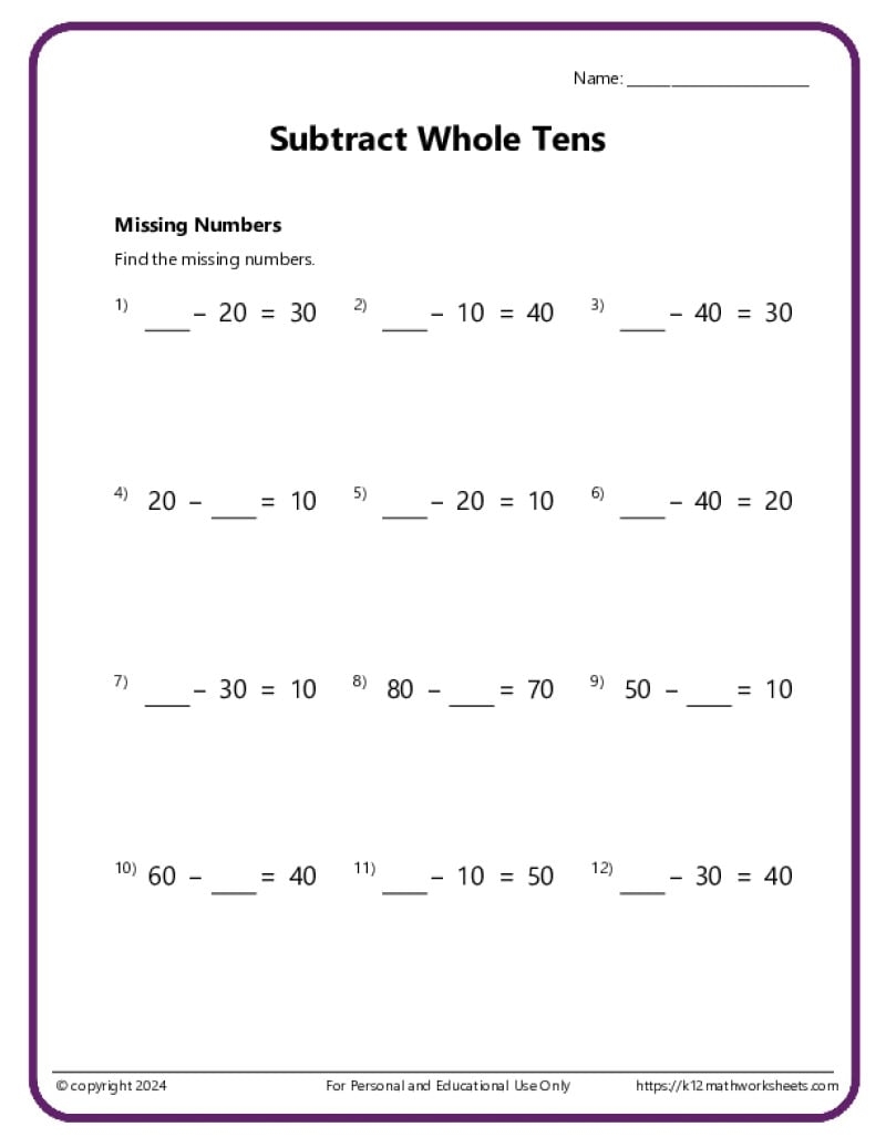 Missing Number Subtraction Worksheets Superstar Worksheets