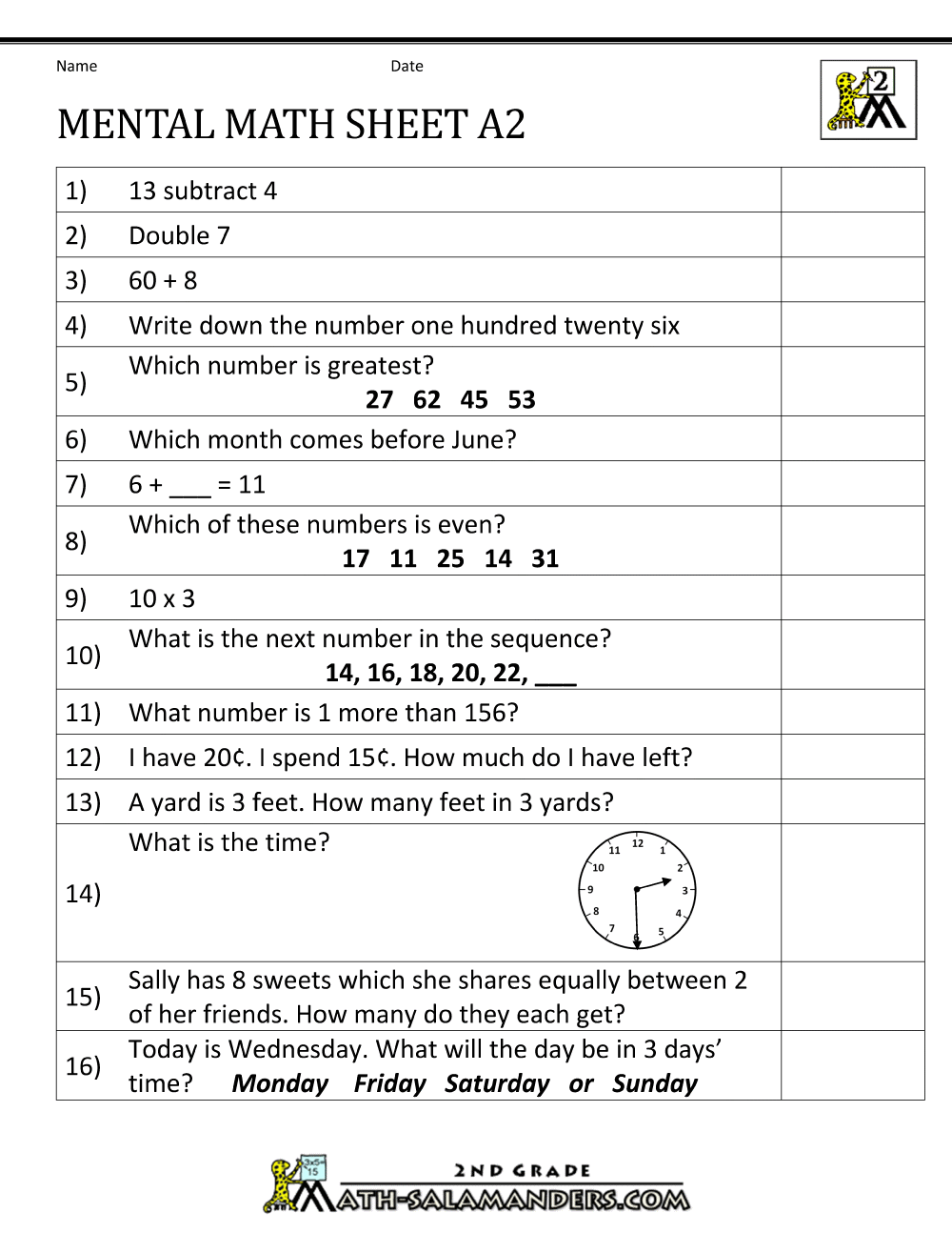 2nd Grade Mental Math Worksheets A71