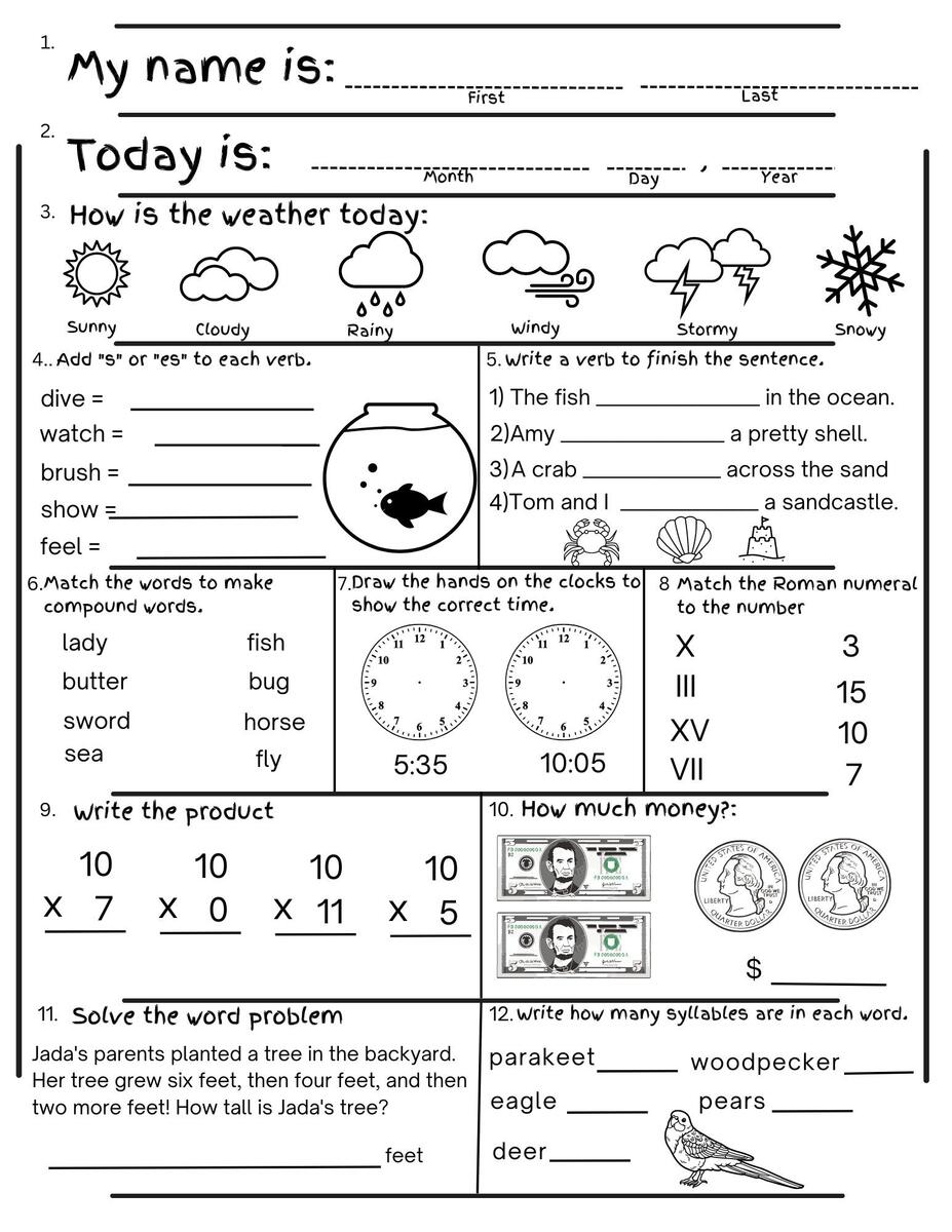 2nd Grade Summer Review Worksheets Math Language Digital Download Etsy
