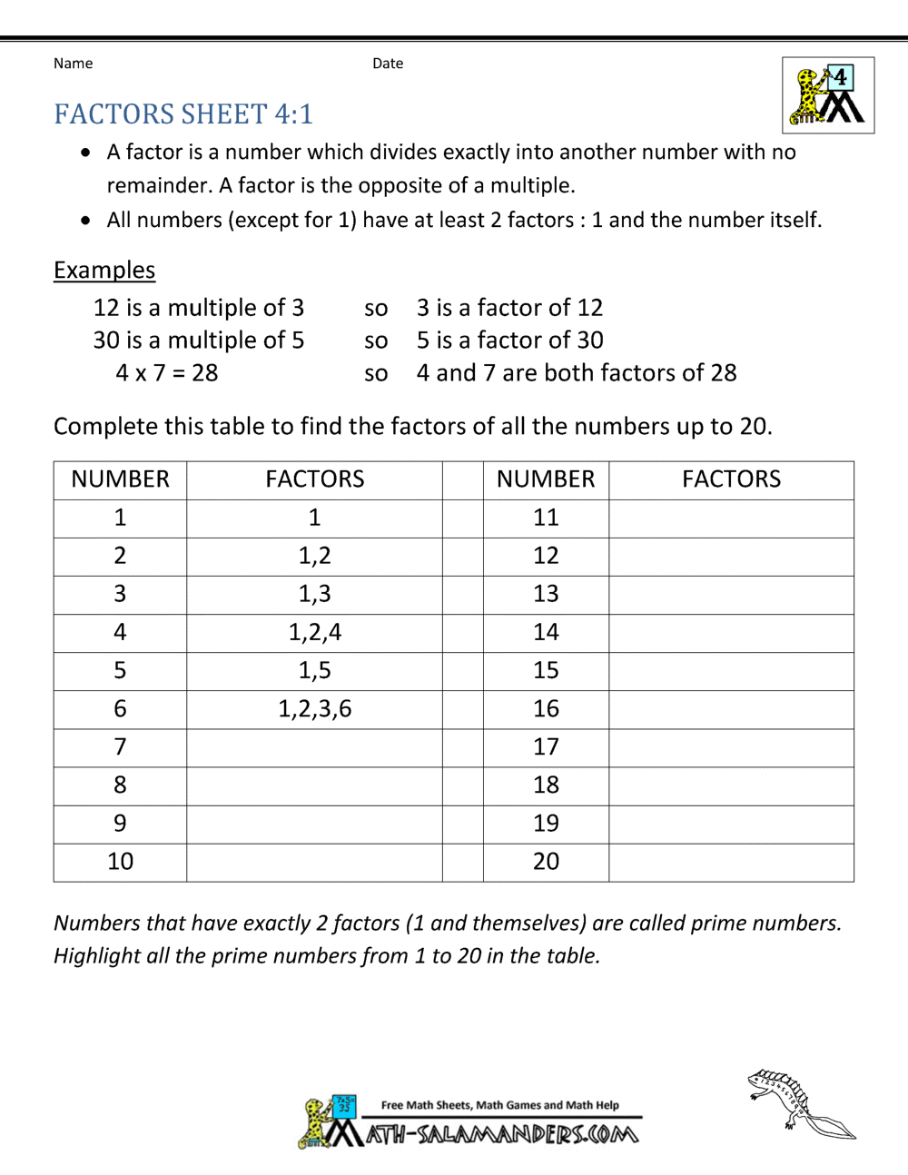 Determining Factors And Multiples Worksheet Download