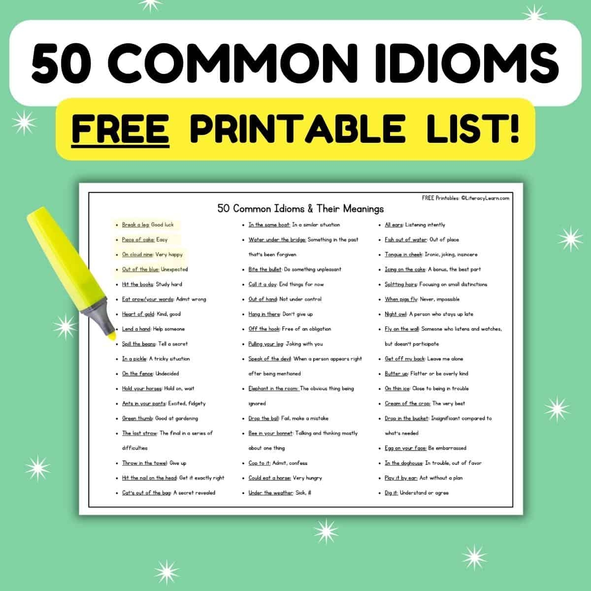 50 Common Idioms Their Meanings FREE Printable Literacy Learn Idioms Worksheet Etsy