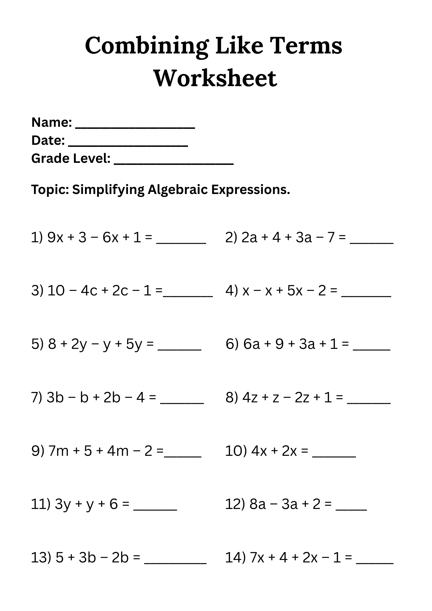 50 Free Printable Combining Like Terms Worksheet To Download In PDF 50 Free Printable Combining Like Terms Worksheet To Download In PDF