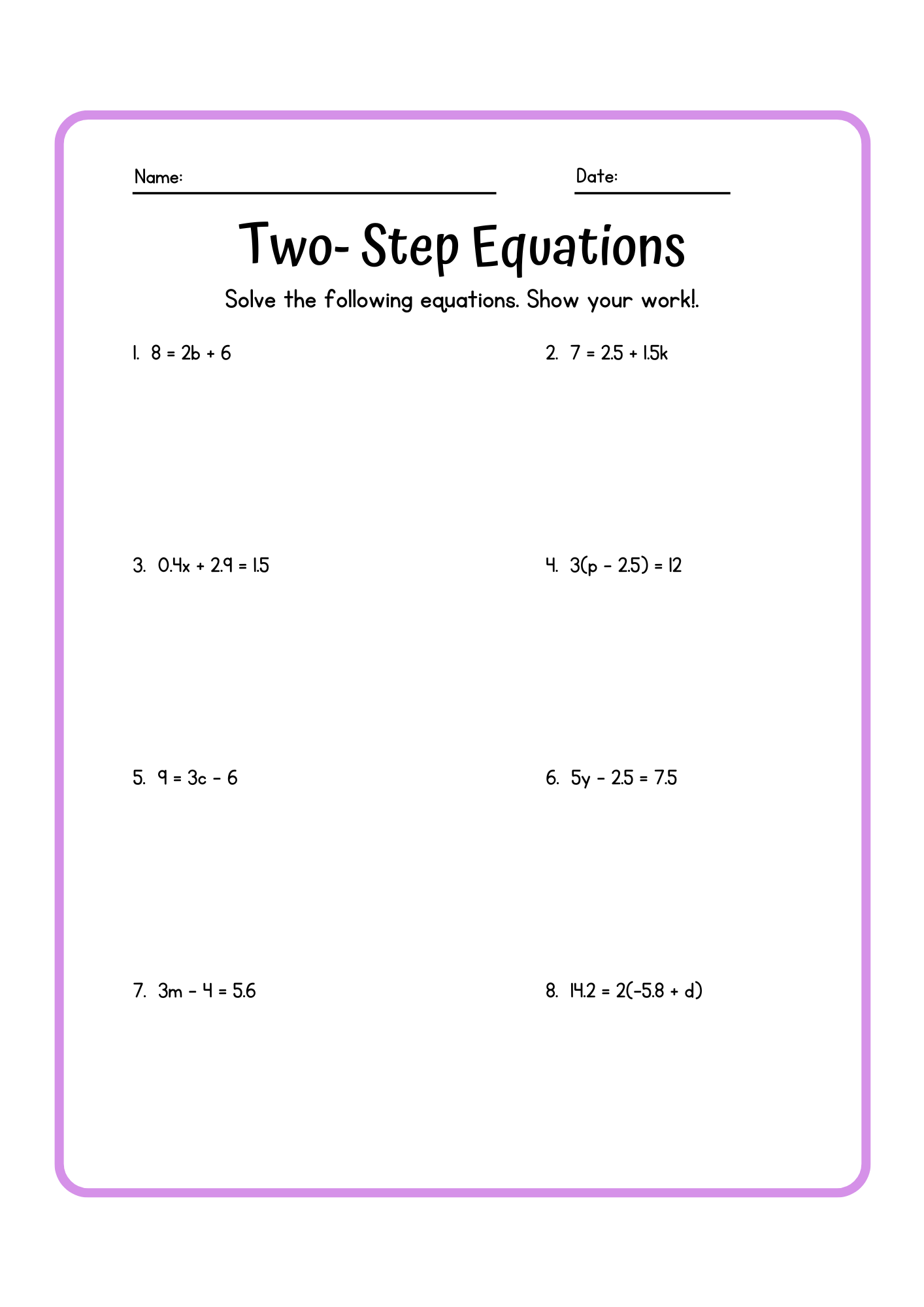 Solve Two Step Equations Print Digital Worksheets Library