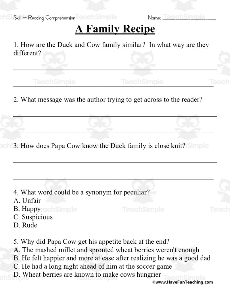 A Family Recipe Reading Comprehension Worksheet By Teach Simple Recipe Comprehension Worksheet Worksheets Library