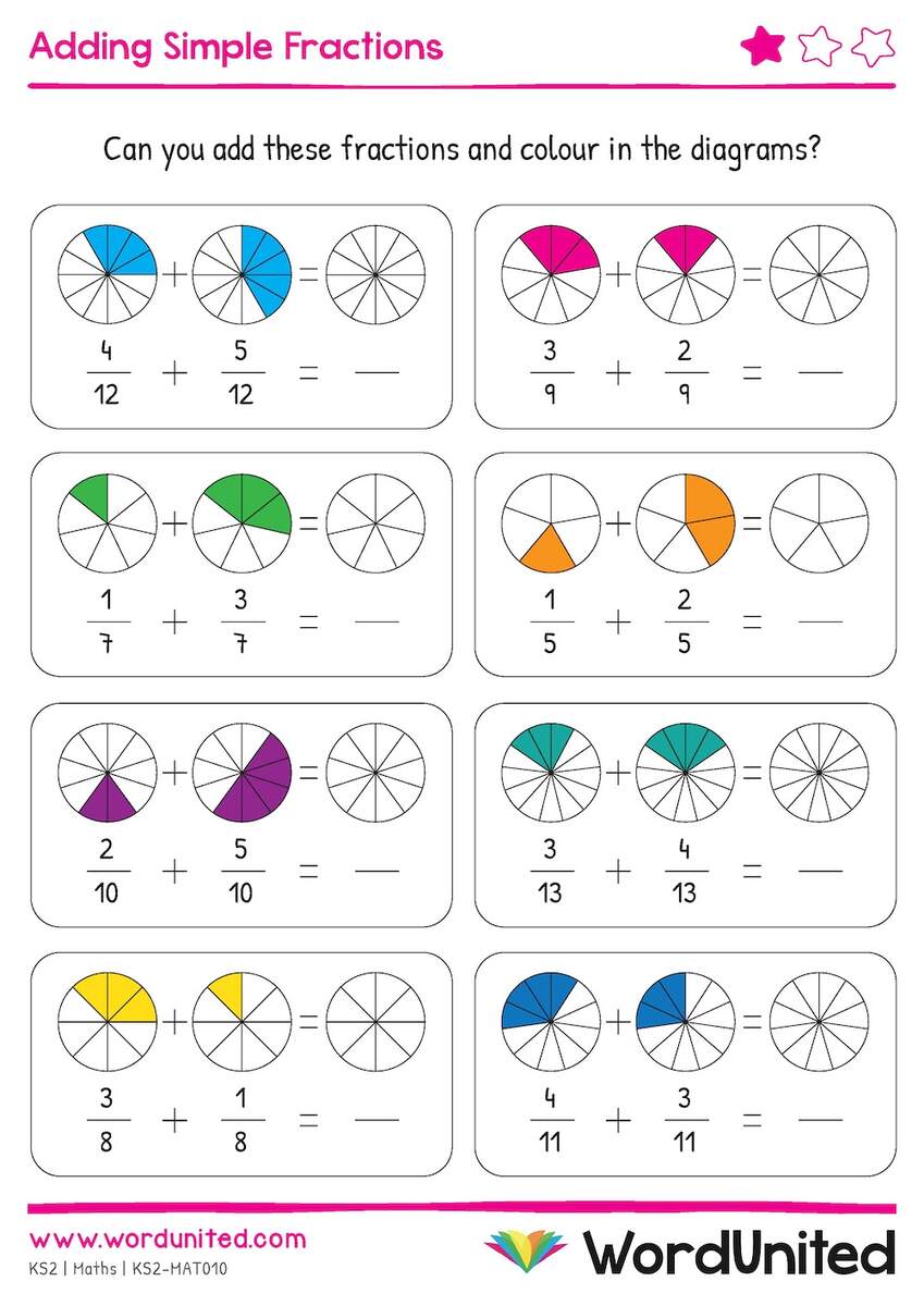 Adding Simple Fractions Colour Write WordUnited Adding And Subtracting Fractions Worksheets