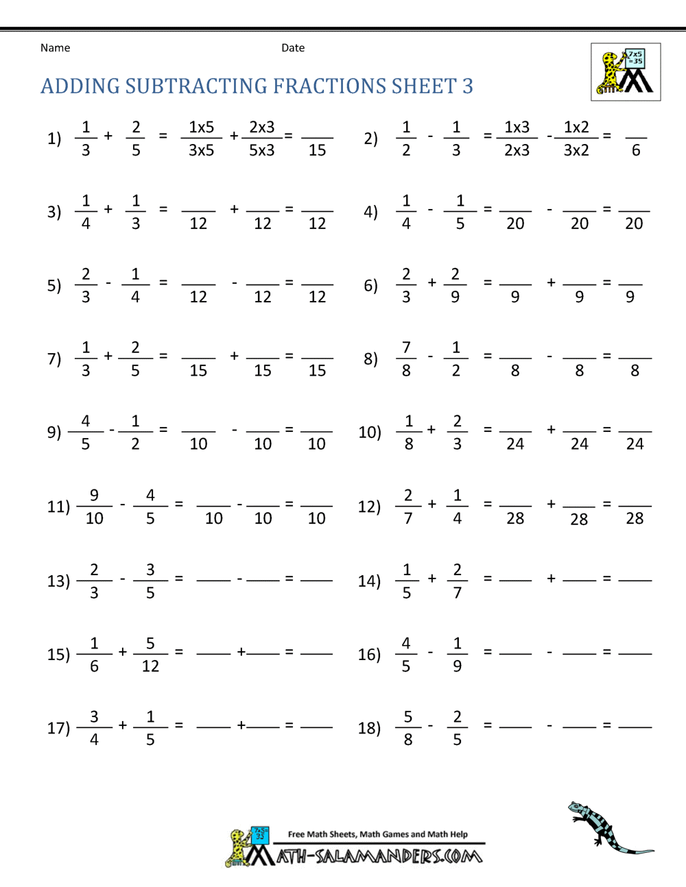 Adding Subtracting Fractions Worksheets Adding Subtracting Fractions Worksheets