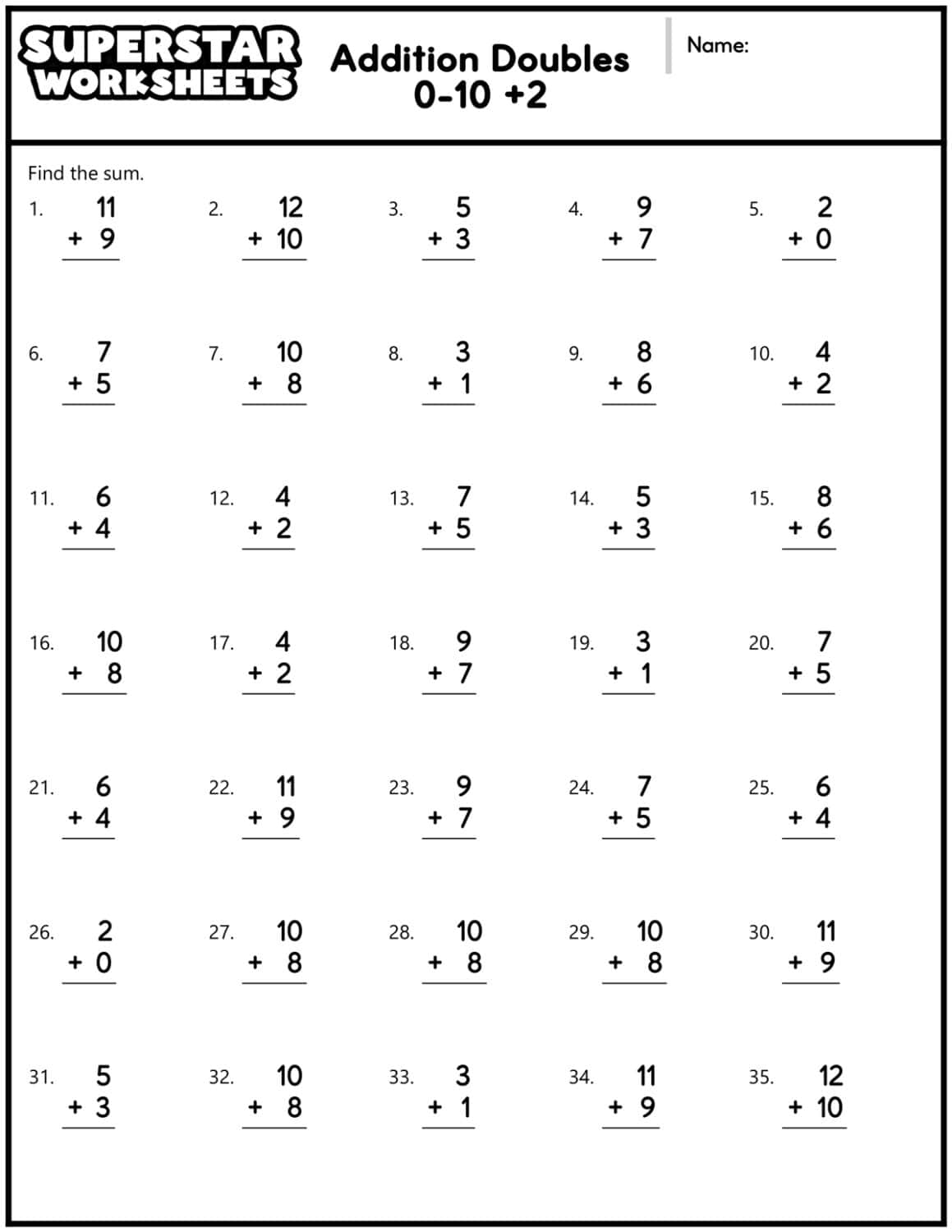 Addition Doubles Worksheets Superstar Worksheets