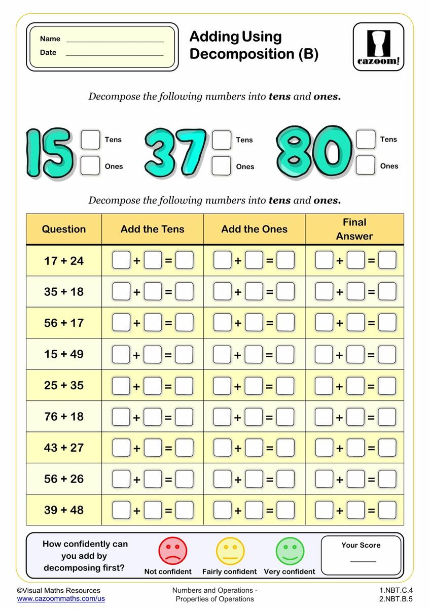 Addition Using Decomposition B PDF Printable Addition Worksheets Cazoom Math Addition Using Decomposition B PDF Printable Addition Worksheets Cazoom Math