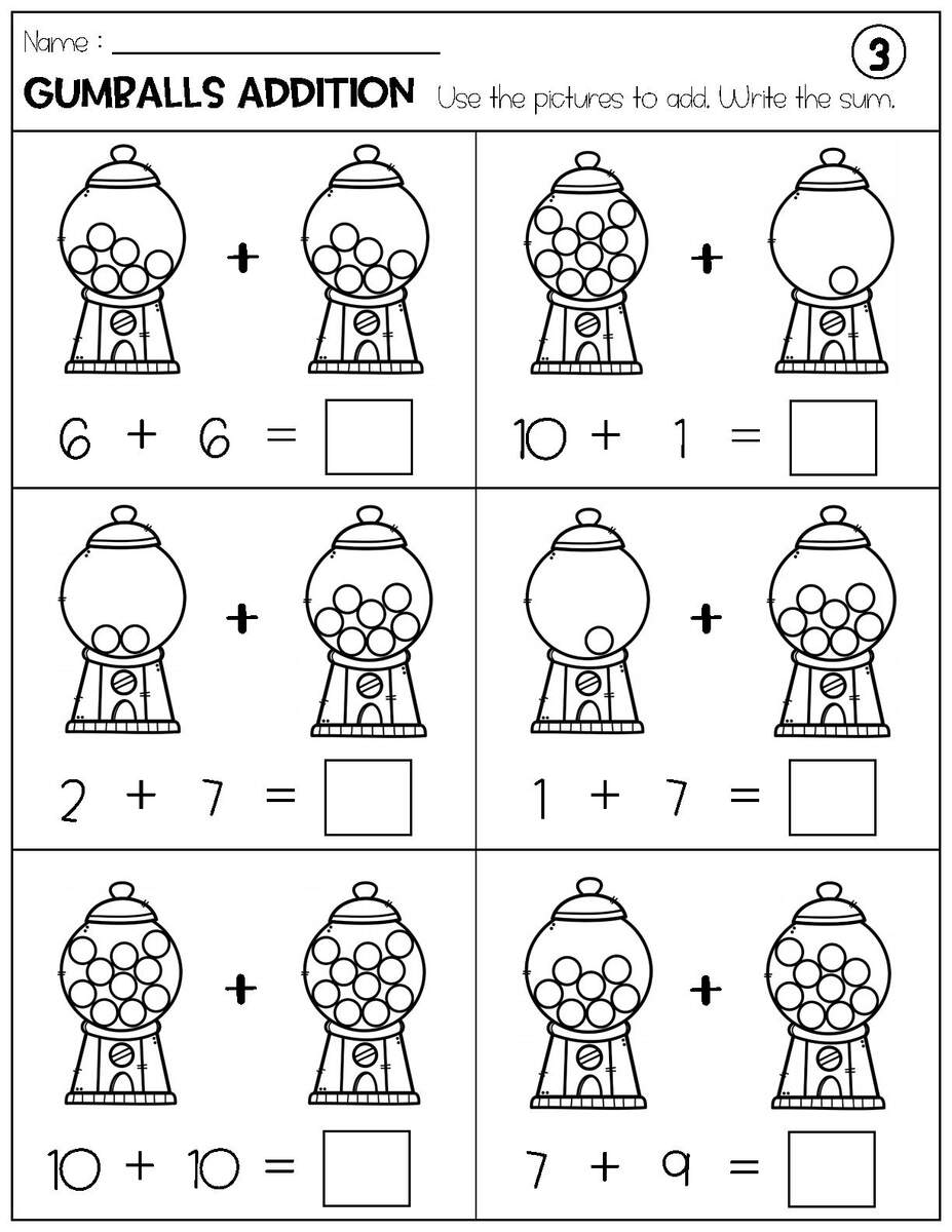 Addition With Pictures Sum Up To 20 Worksheets Adding Gumballs Pictures Math Worksheets Printable Etsy Free Counting To 10 Gumball Worksheets Smart Cookie Printables