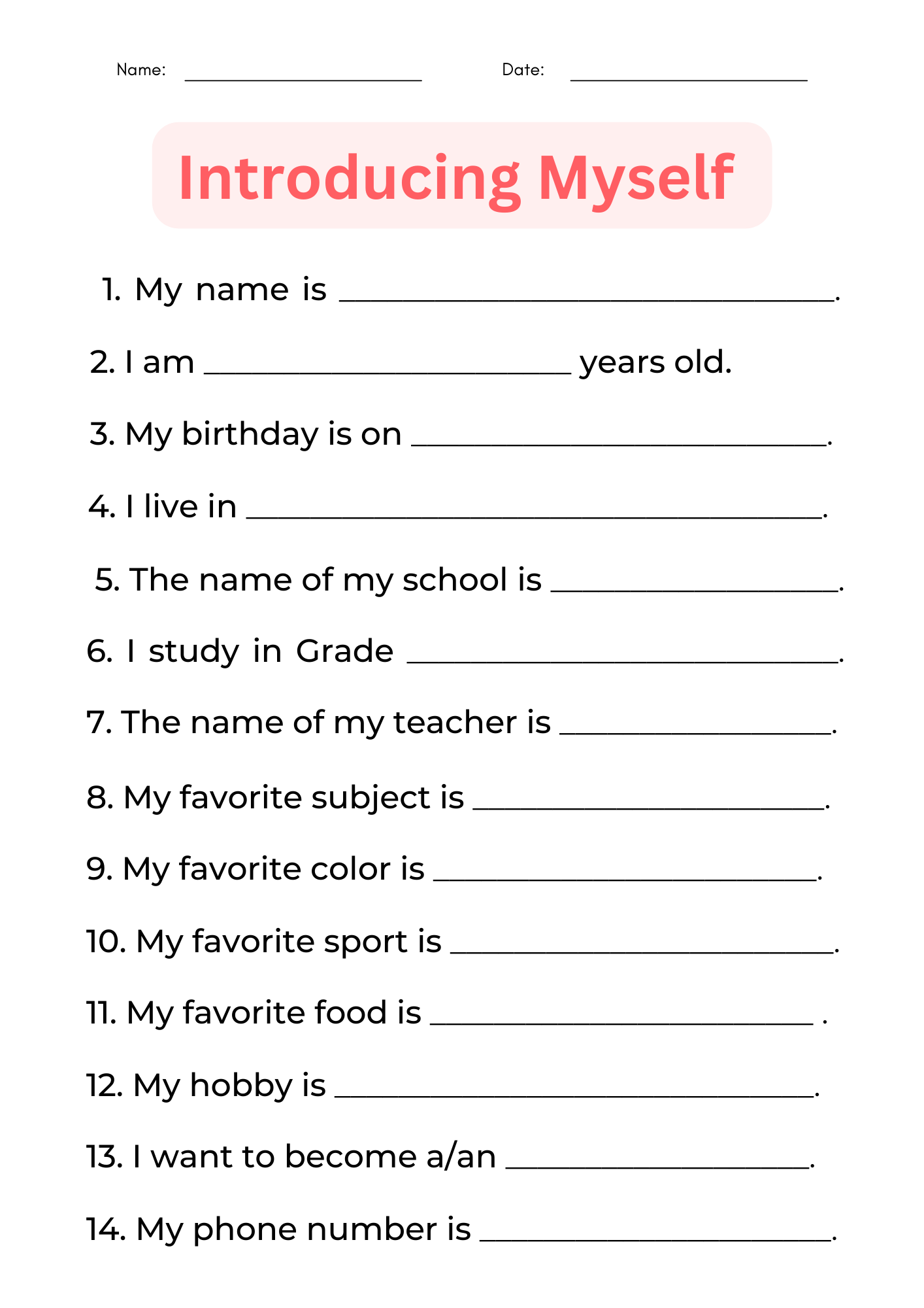 Self Introduction For Kids Worksheets Activities Printable PDF Very Special Tales