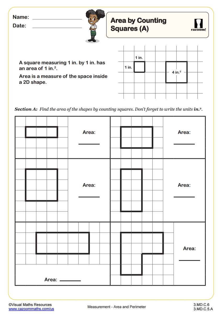 Area By Counting Squares A 3rd Grade PDF Measurement Worksheets Cazoom Math Area Of Irregular Hexagons L Shapes Worksheet Fun And Engaging 3rd Grade And 4th Grade Worksheet Cazoom Math
