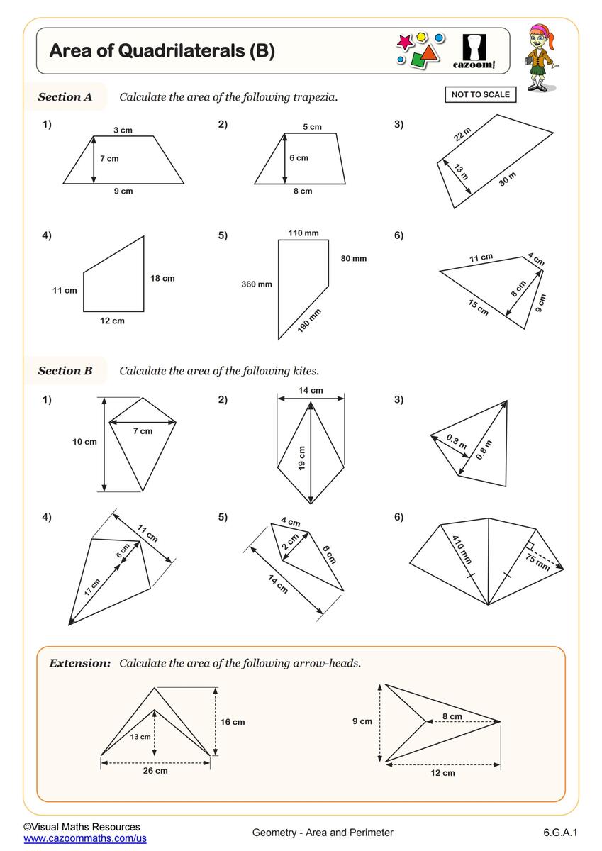 Area Of Quadrilaterals B Worksheet PDF Printable Geometry Worksheet Cazoom Math