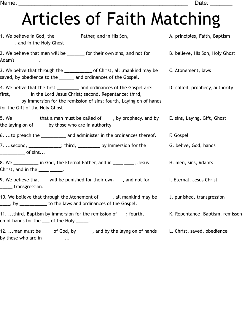 Articles Of Faith Matching Worksheet WordMint Articles Of Faith Matching Worksheet WordMint