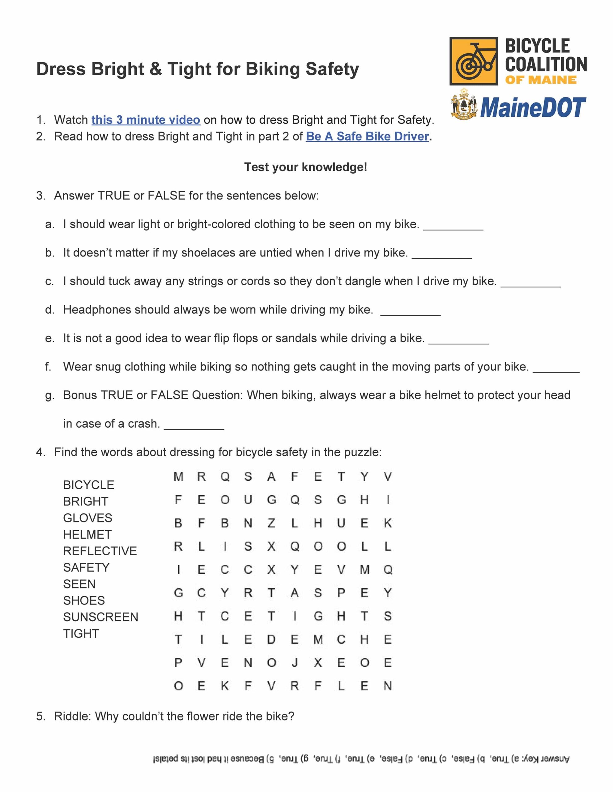 At Home Education Bicycle Coalition Of Maine Free Bicycle Safety Worksheet