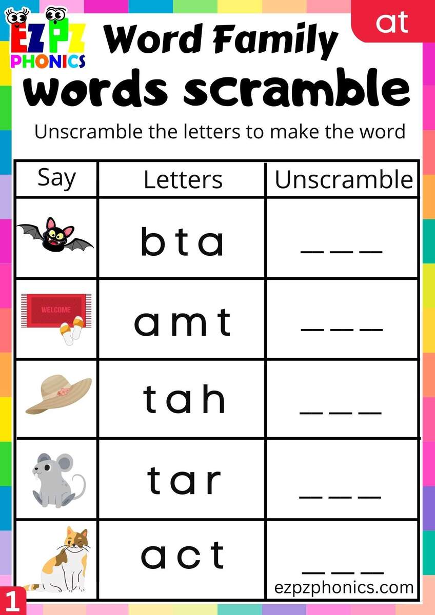 AT Words Words Scramble Phonics Word Families Worksheet Ezpzphonics AT Words Words Scramble Phonics Word Families Worksheet Ezpzphonics