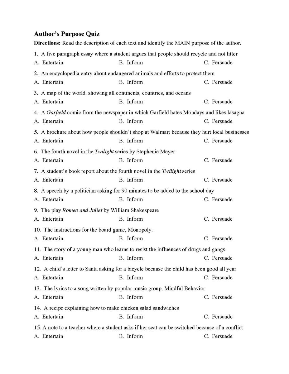 Author S Purpose Worksheets Reading Skills