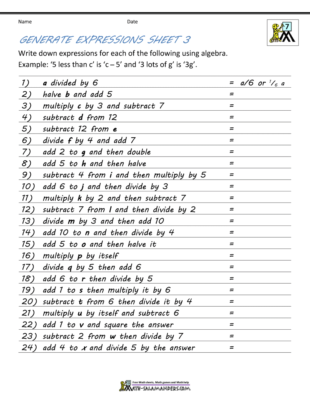 Free Printable Algebra 2 Practice Worksheet