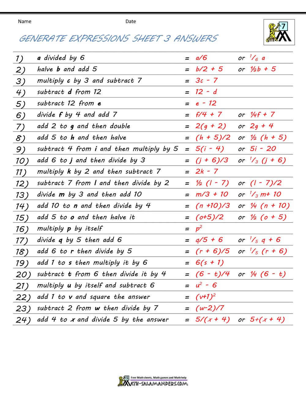 Basic Algebra Worksheets