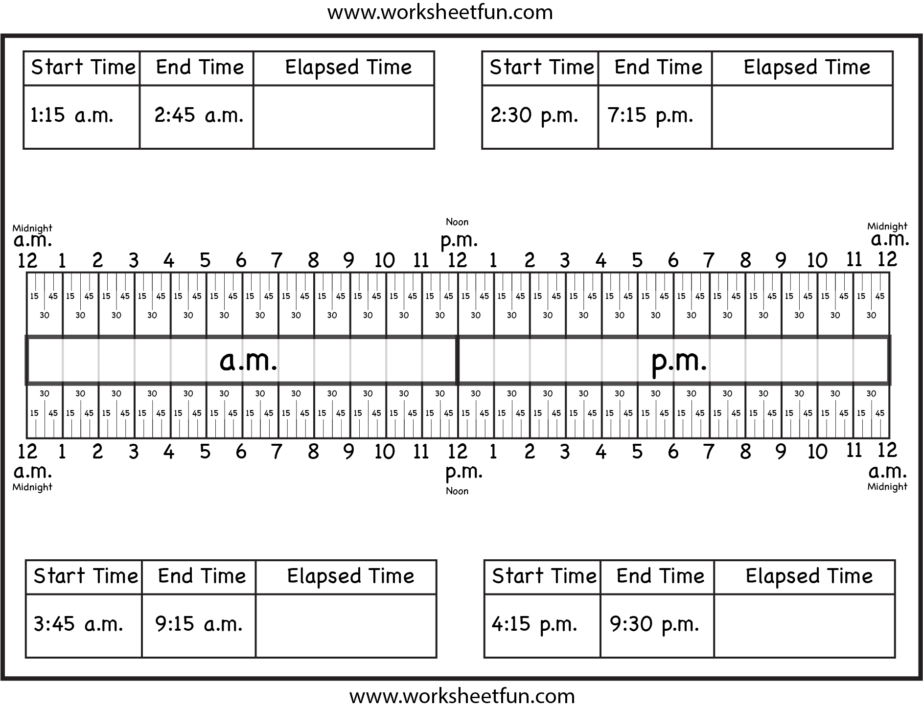 Calculate Elapsed Time 5 Worksheets 15 30 45 60 Minutes Quarter Hours FREE Printable Worksheets Worksheetfun