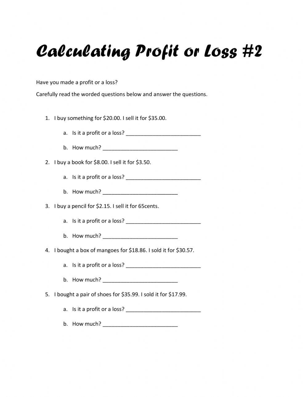 Calculating Profit And Loss 2 Worksheet Worksheets Library Calculating Profit And Loss 2 Worksheet Worksheets Library