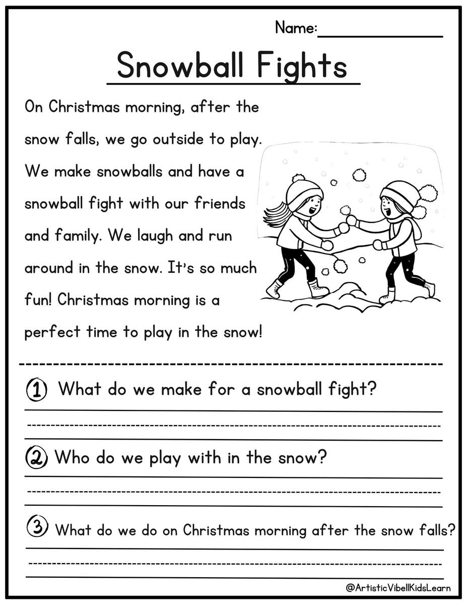 Christmas Reading Comprehension Printable Kindergarten First Grade Worksheets Instant Download Fluency Worksheet English Learing Etsy