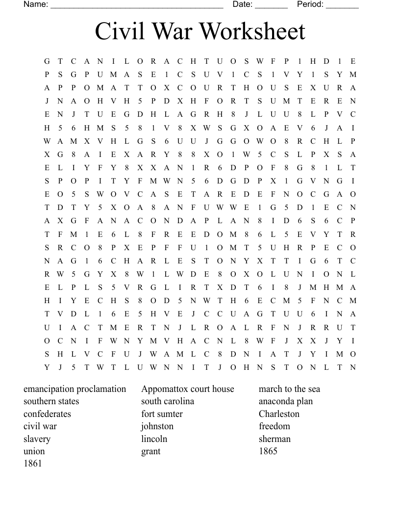 Civil War Worksheet Word Search WordMint
