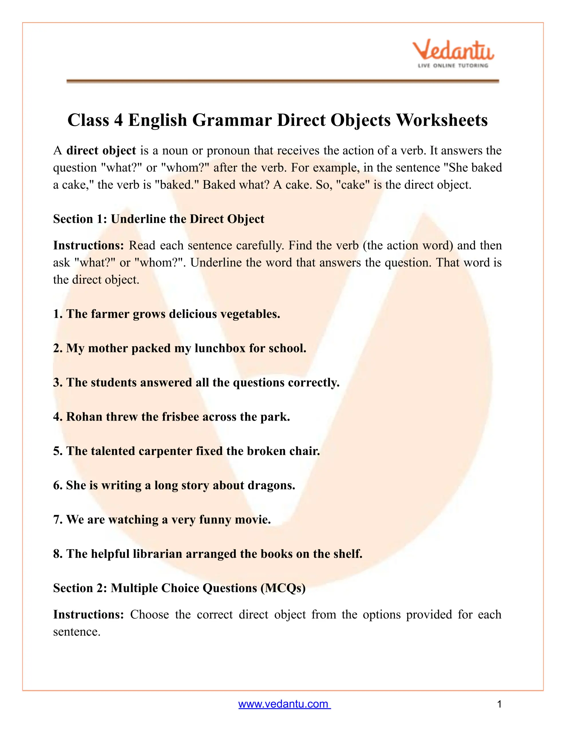 Class 4 English Grammar Direct Object Worksheet Free PDF Class 4 English Grammar Direct Object Worksheet Free PDF