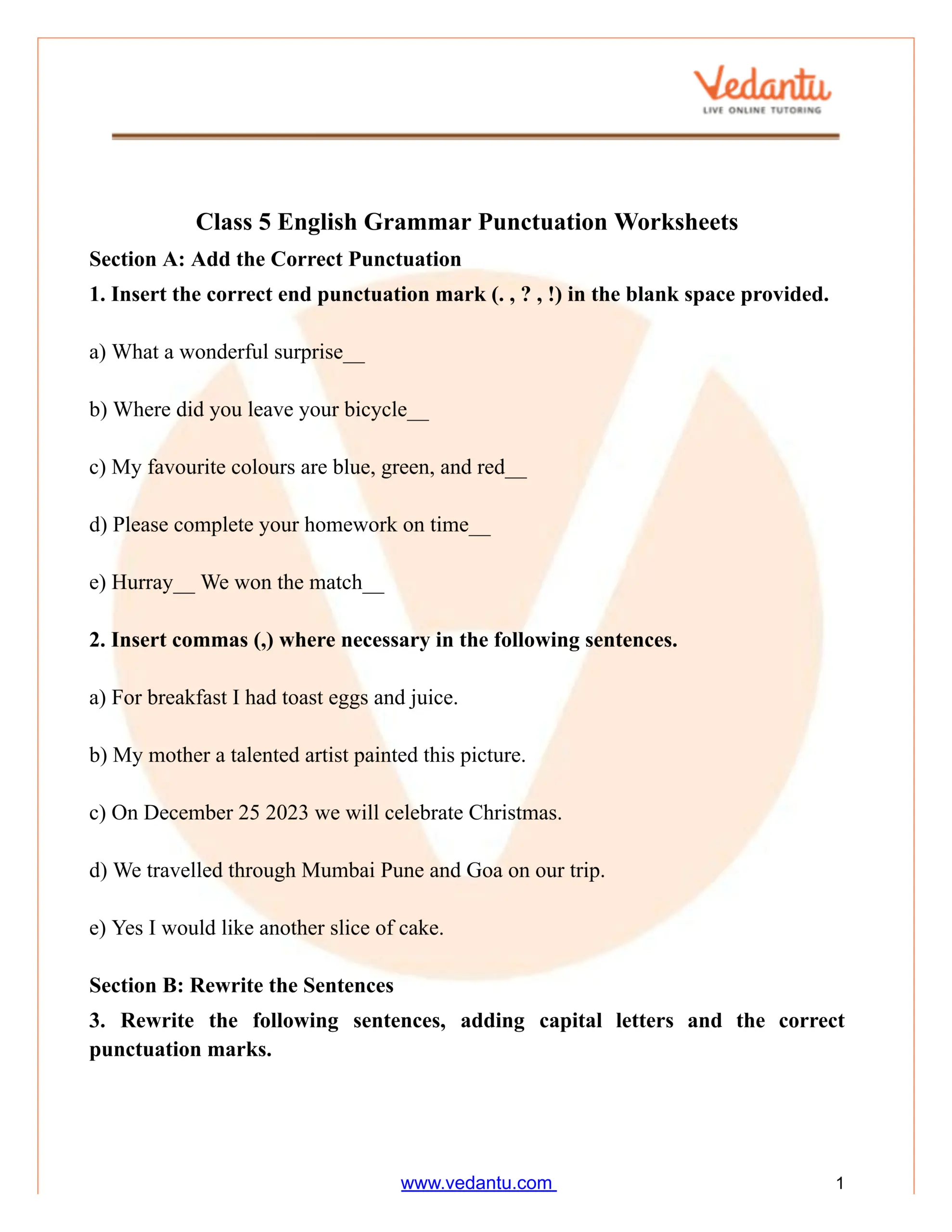 Class 5 English Grammar Punctuation Worksheet PDF Free Practice