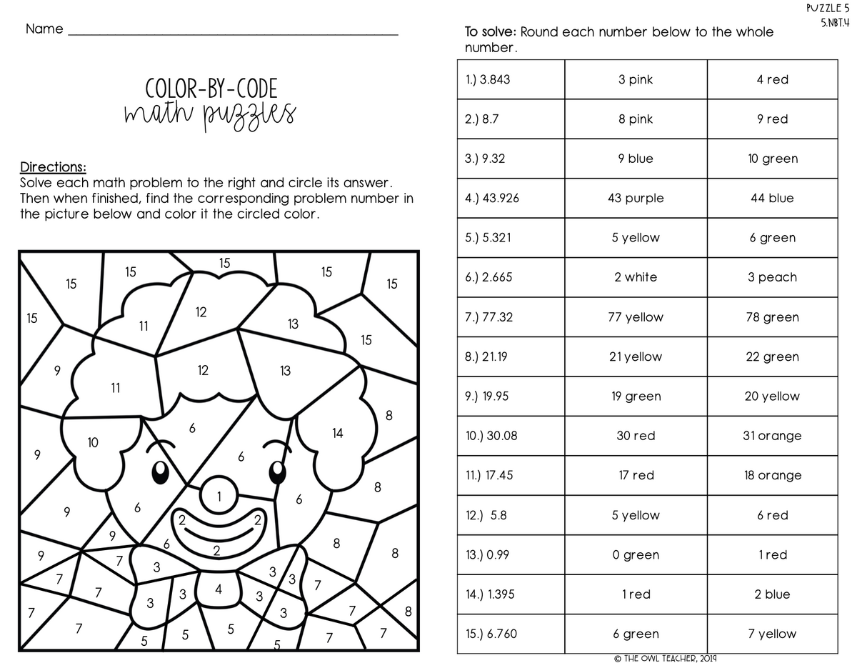 Color By Number Or Color By Code Rounding Decimals The Owl Teacher