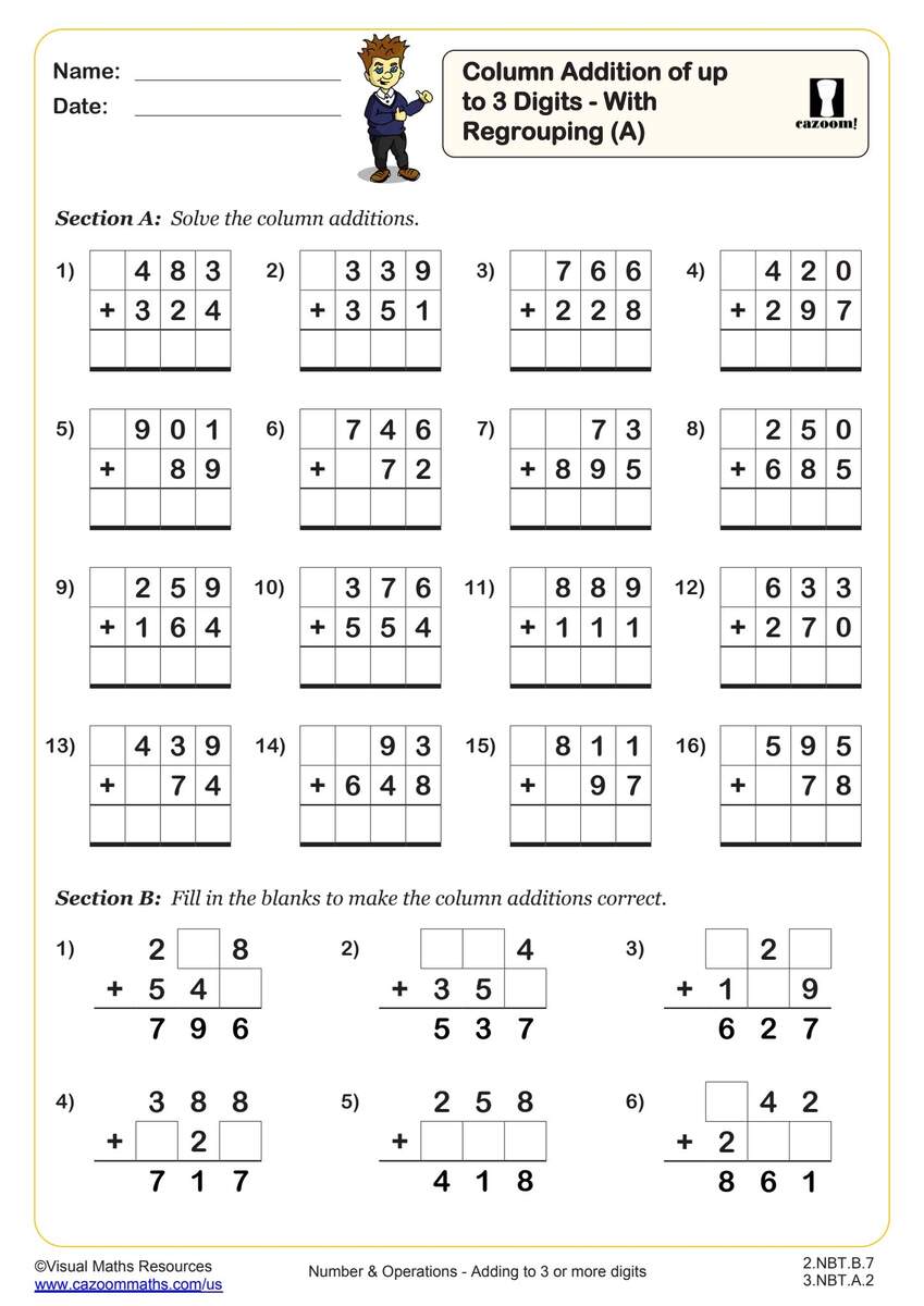 Column Addition Of Up To 3 Digits With Regrouping A Worksheet Fun And Engaging 2nd Grade And 3rd Grade Number Operations Worksheet Cazoom Math