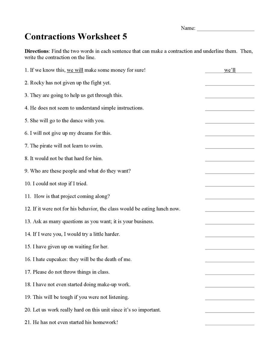 Contractions Worksheet 5 Grammar Activity Contractions Worksheet 5 Grammar Activity