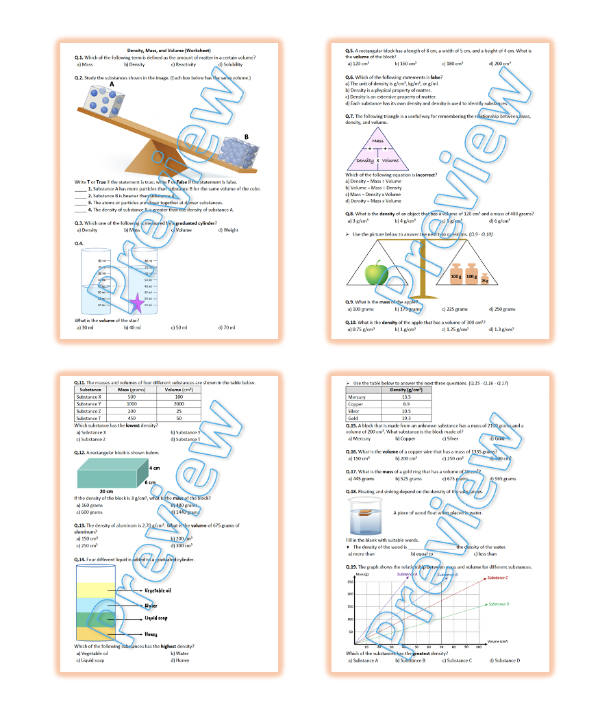 Density Mass And Volume Worksheet Printable Teaching Resources