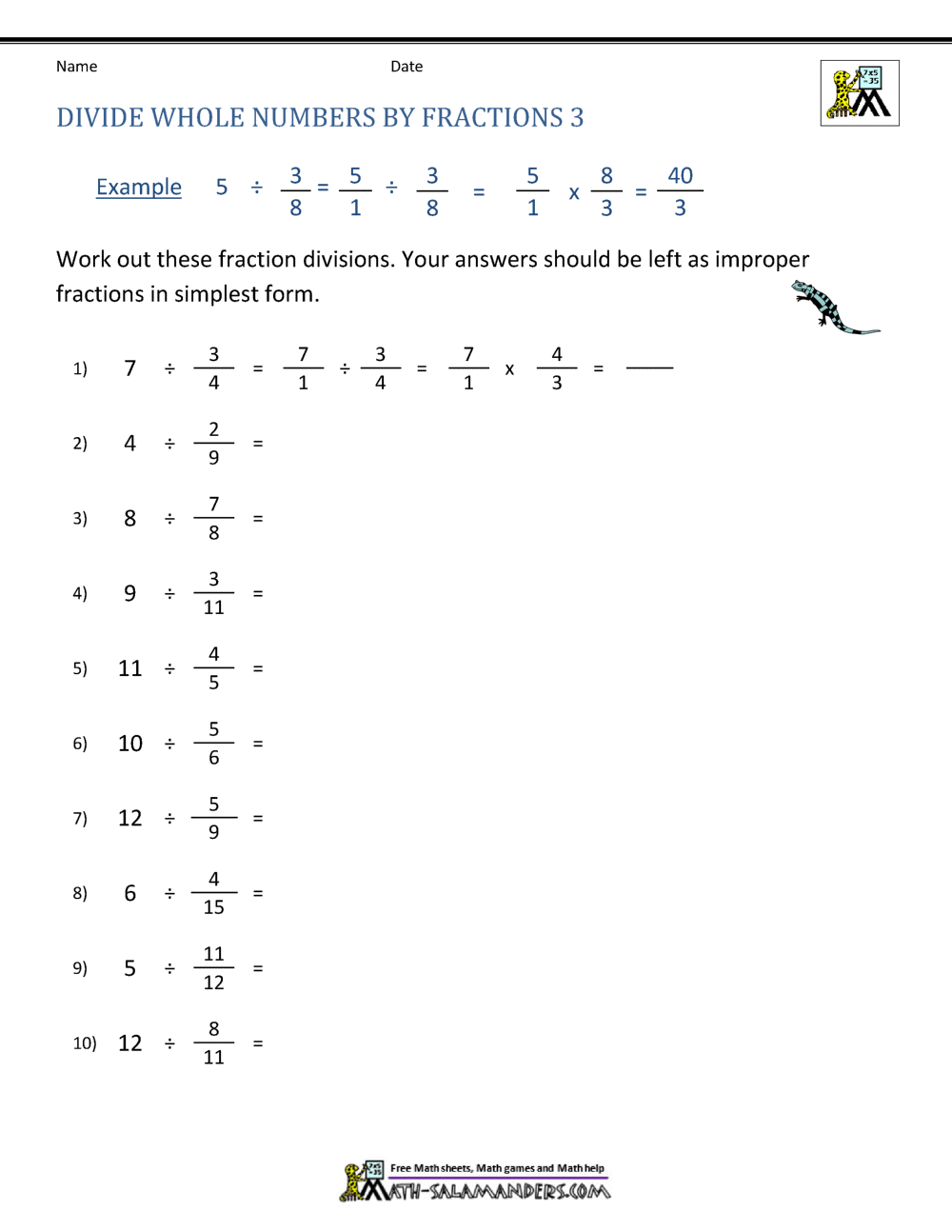 Divide Whole Numbers By Fractions