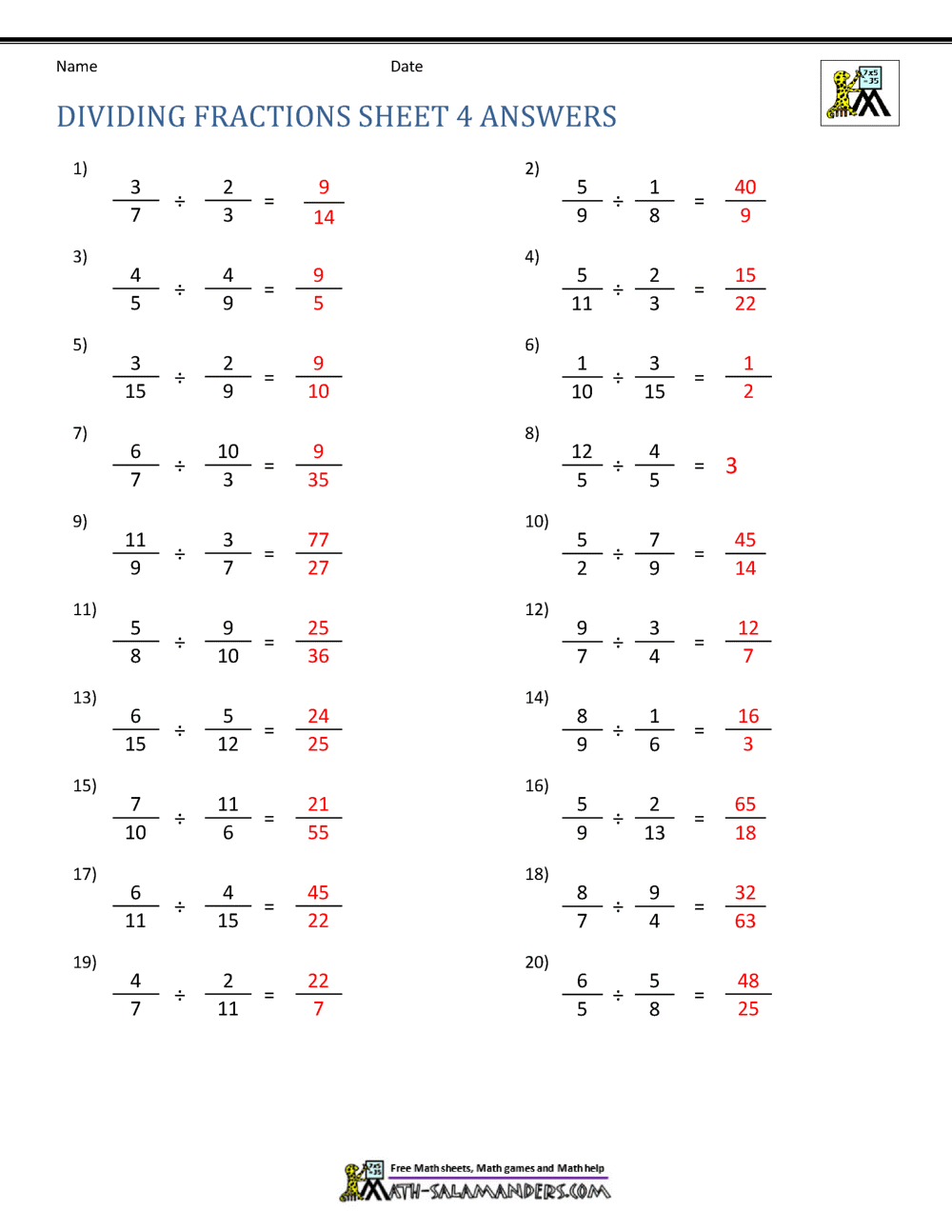 Dividing Fractions Worksheet