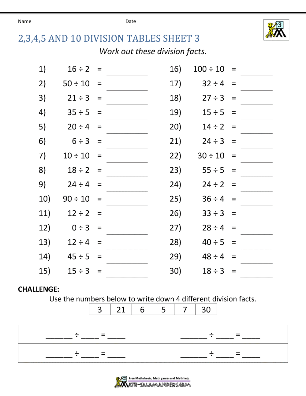 Division Facts Worksheets Division Chart Printable Paper Trail Design