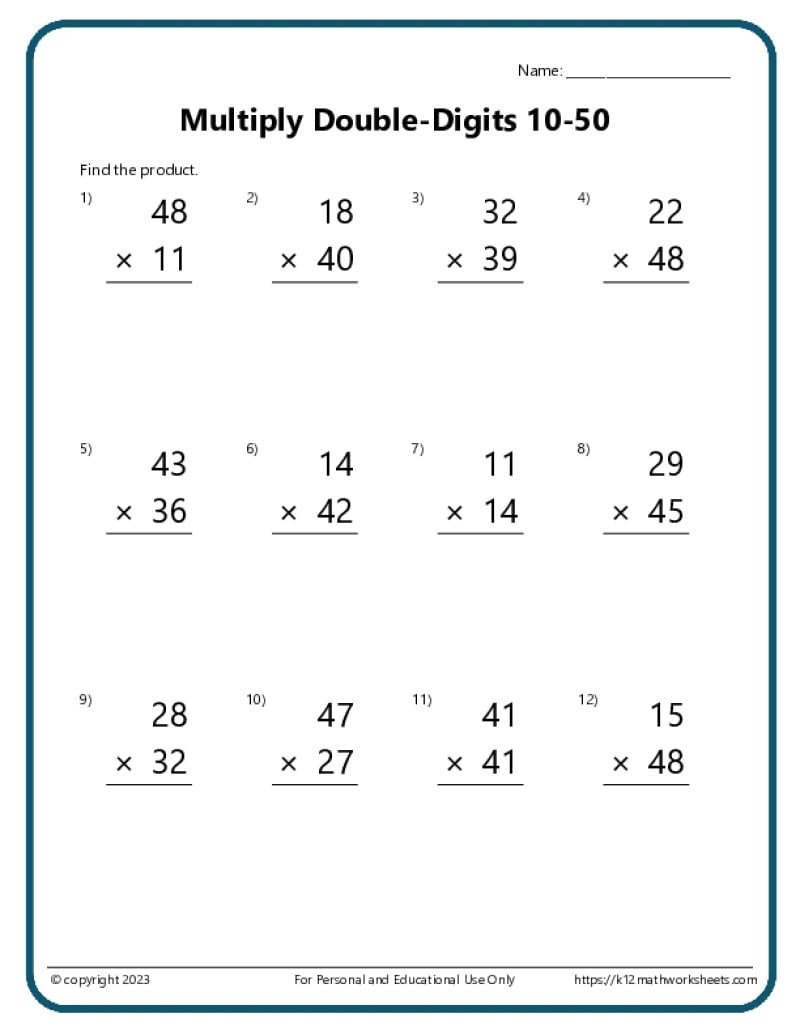 Free 2 Digit By 2 Digit Multiplication Worksheets Teach Prints