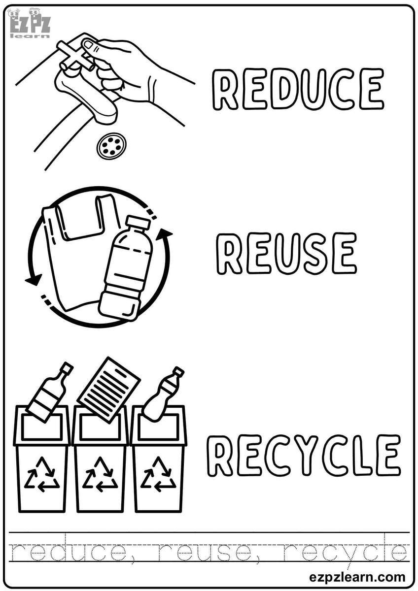 Earth Day Reduce Reuse And Recycle Coloring Activity For Kids Free Printable PDF ESL Ezpzlearn