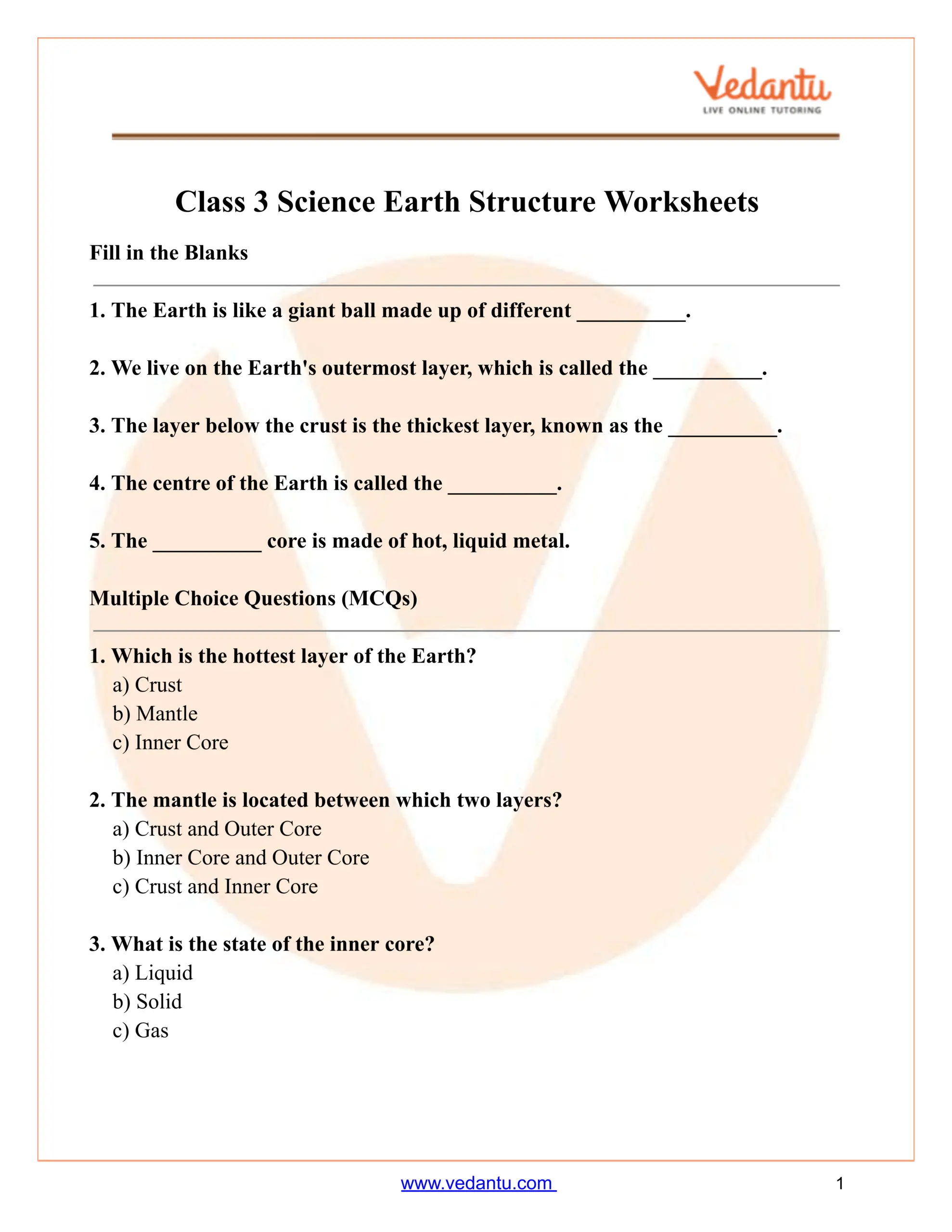 Earth Structure Worksheet For Class 3 Science Free PDF