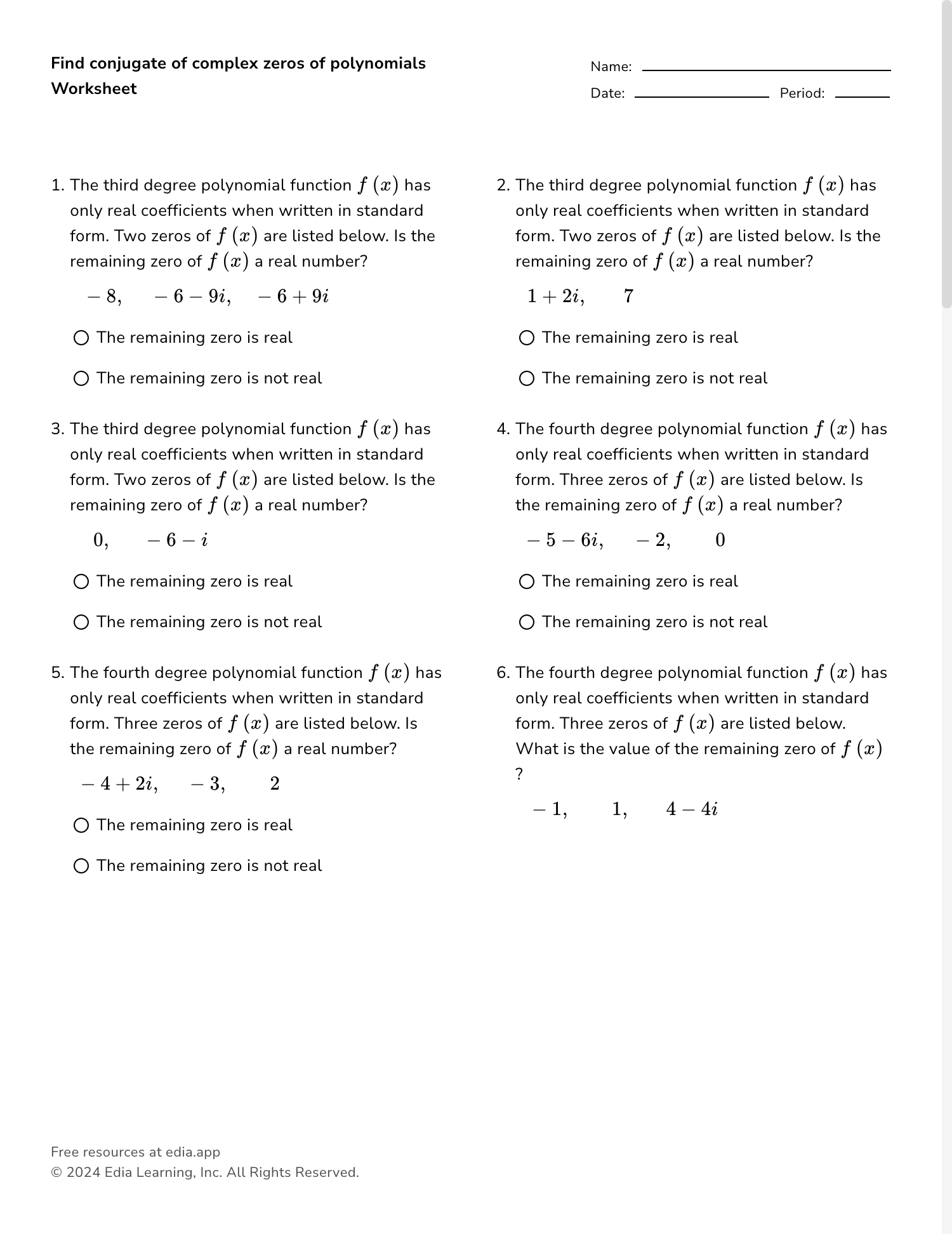Edia AI Platform For Student Outcomes Quiz Worksheet Complex Zeros Of Polynomials Study