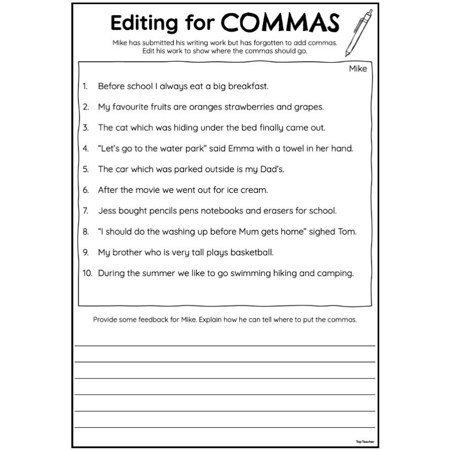 Editing For Commas Worksheets Top Teacher Editing For Commas Worksheets Top Teacher