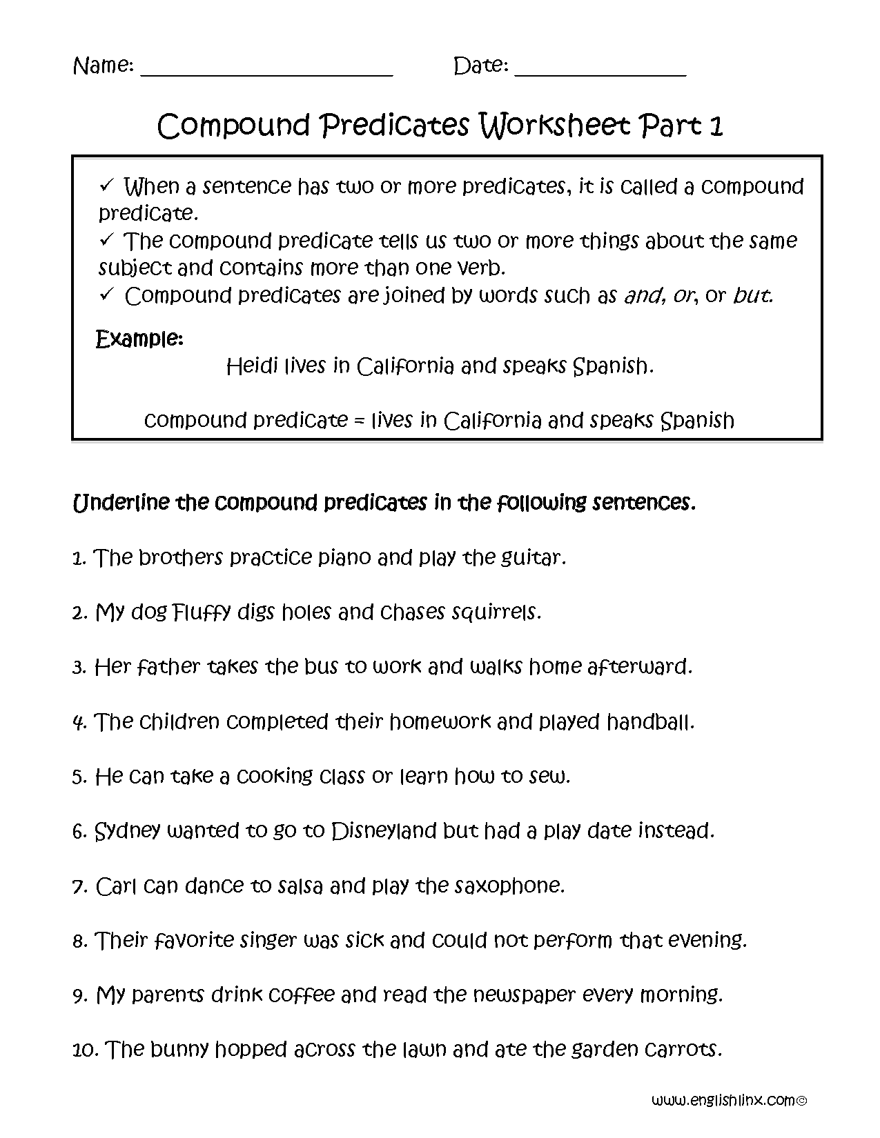 Englishlinx Subject And Predicate Worksheets
