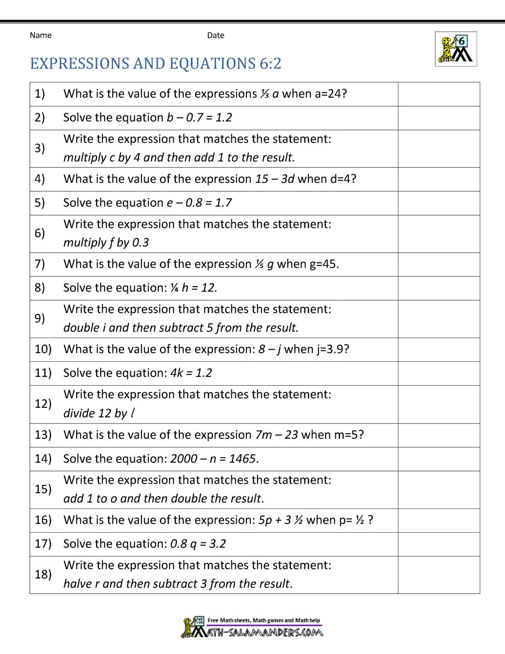 Expressions And Equations 6th Grade