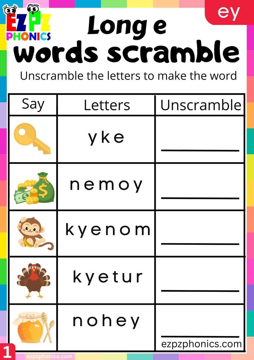 EY Words Words Scramble Long E Phonics Worksheet Ezpzphonics Long E Worksheets 4 Free Printables Literacy Learn