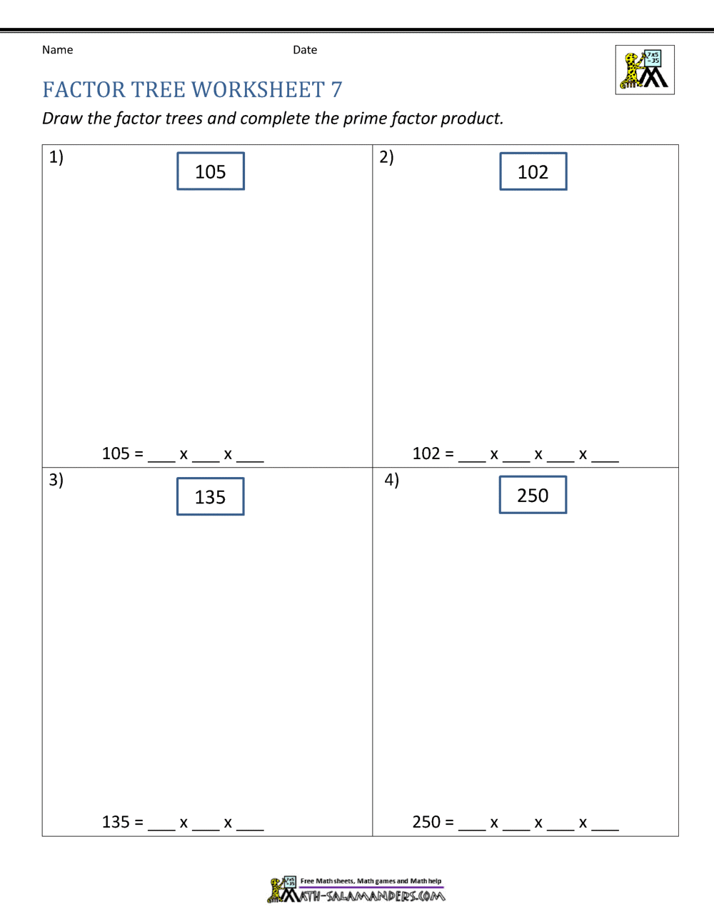 Factor Tree Worksheets Page Factor Tree Worksheets Page