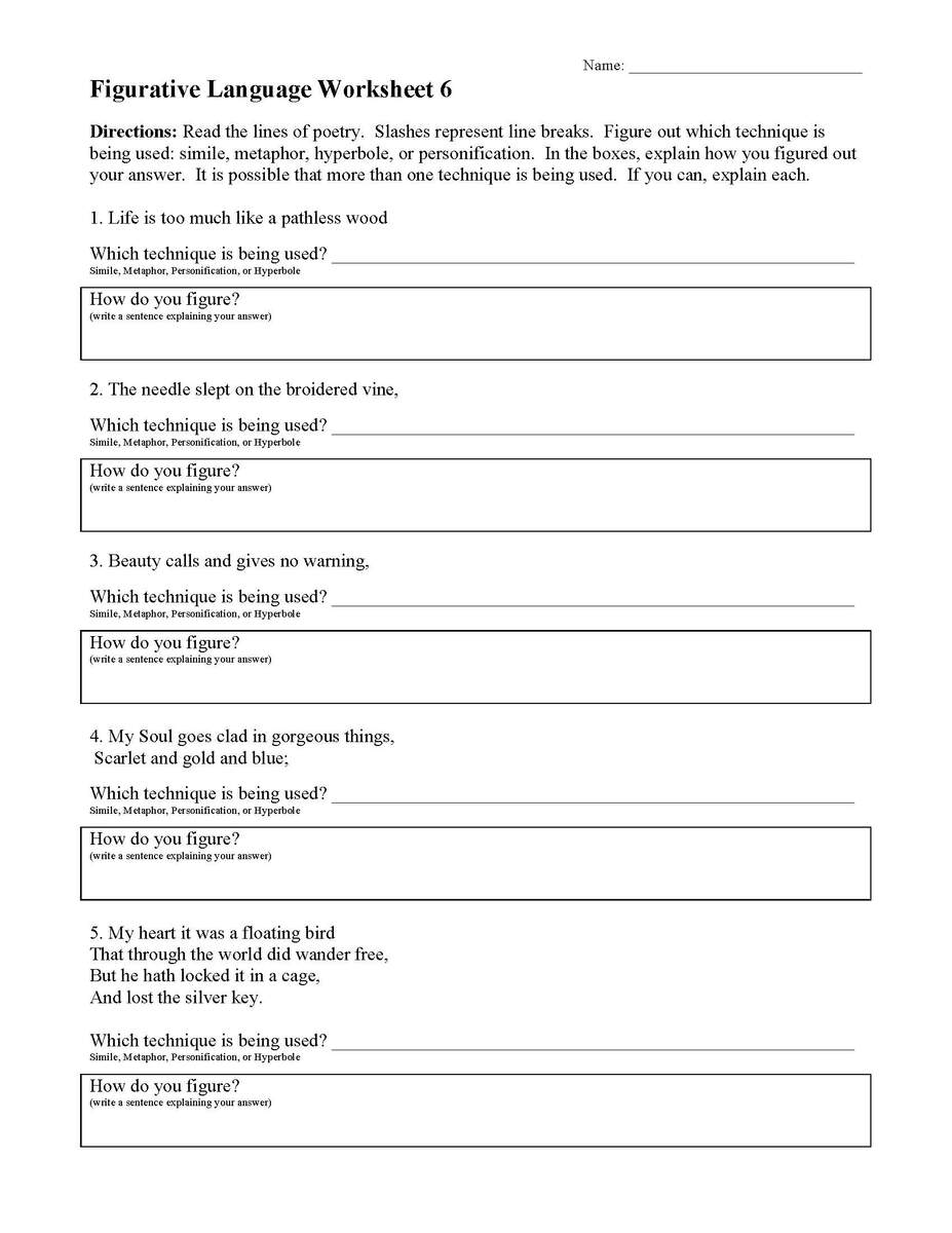 Printable Grade 6 Figurative Writing Worksheets