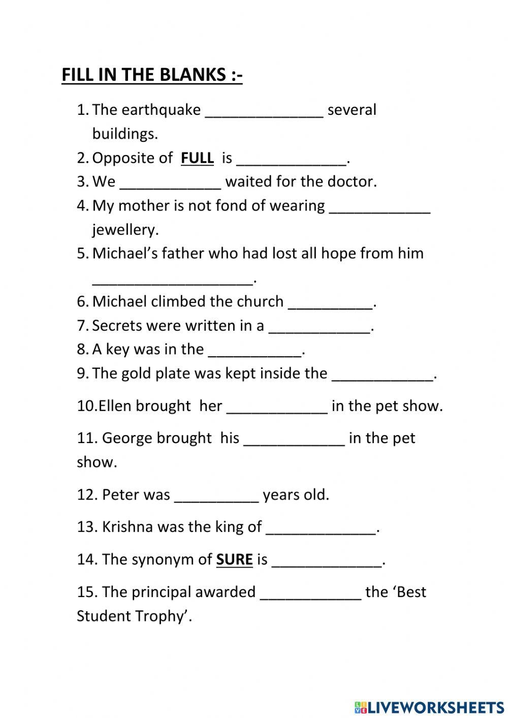 Fill In The Blanks Interactive Worksheet For Grade 3 Worksheets Library