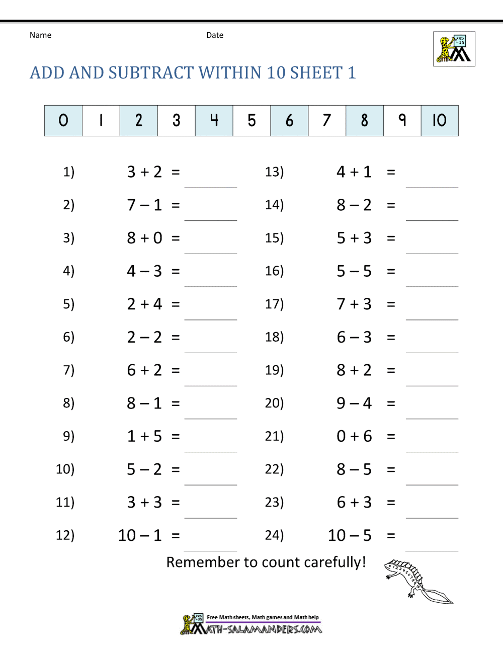 First Grade Addition And Subtraction Facts To 12