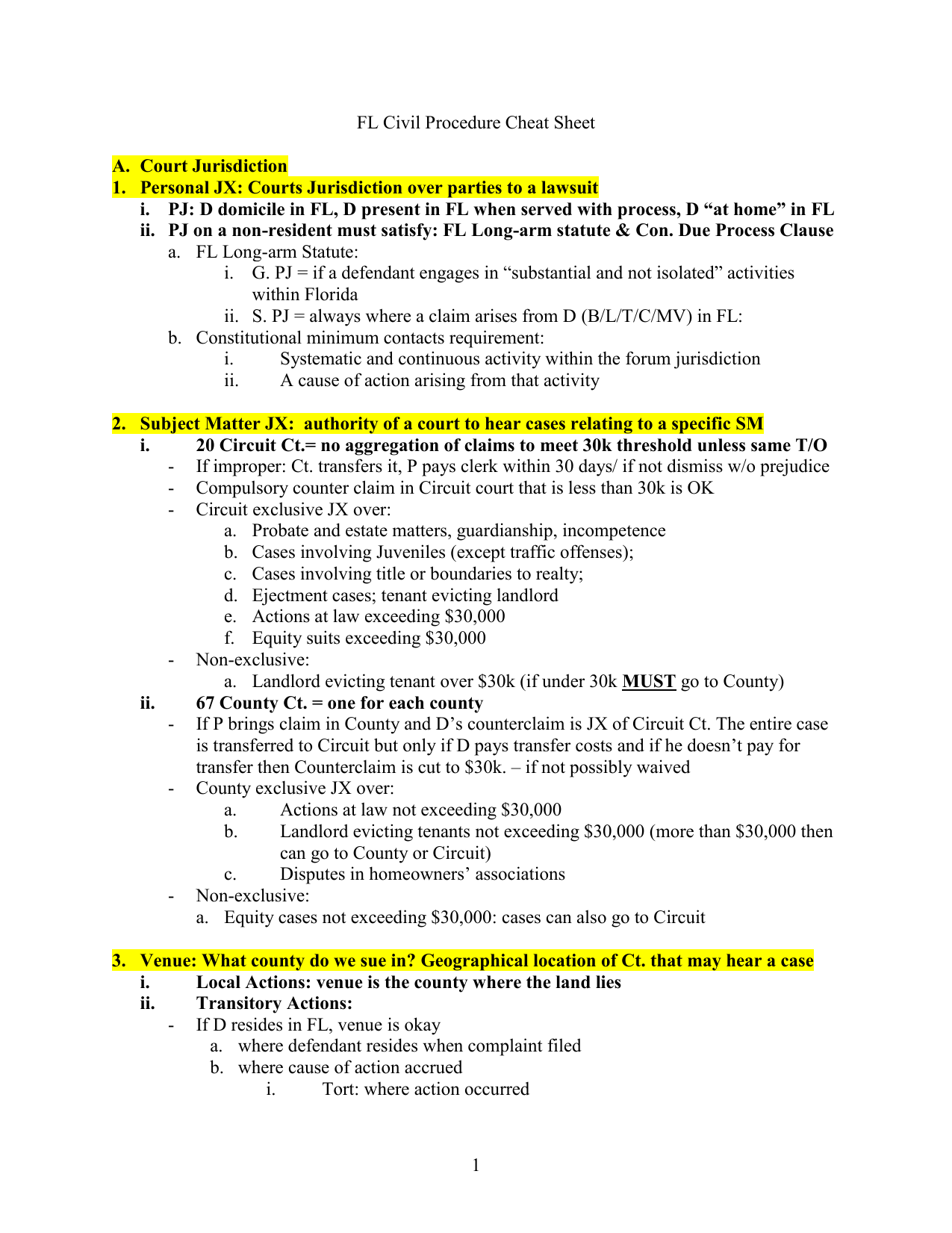 FL Civil Procedure Cheat Sheet